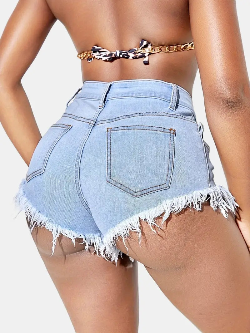 Women's Blue Distressed Denim Shorts with Pockets
