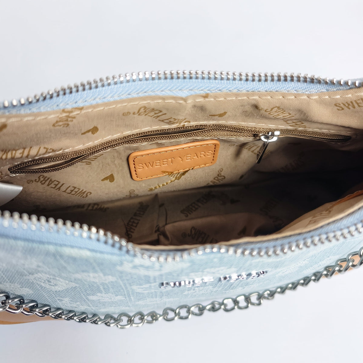 Sweet Years Borsa Hobo in Denim Jacquard con Catena e Tracolla Larga