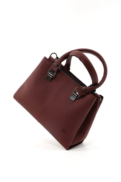 Brown Faux Leather Zippered Handbag with 3 Compartments Adjustable Bag