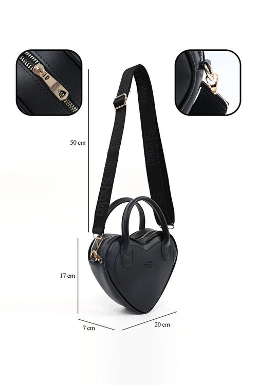 Black Heart Shaped Faux Leather Zipper Bag Single Compartment Hand Bag