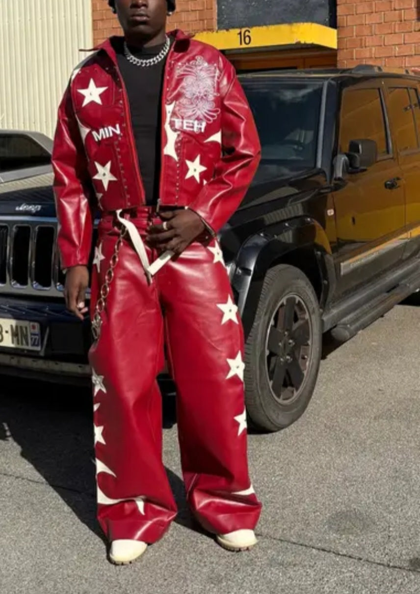 Red Faux-Leather Rivet Jacket & Wide-Leg Pants Set
