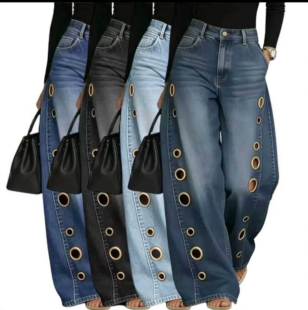 Metal Eyelet Grommet Wide-Leg Jeans