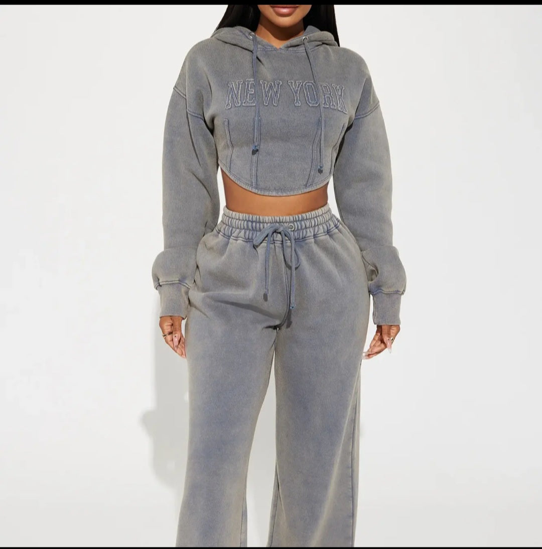 Washed New York Crop Hoodie & Wide-Leg Jogger Set