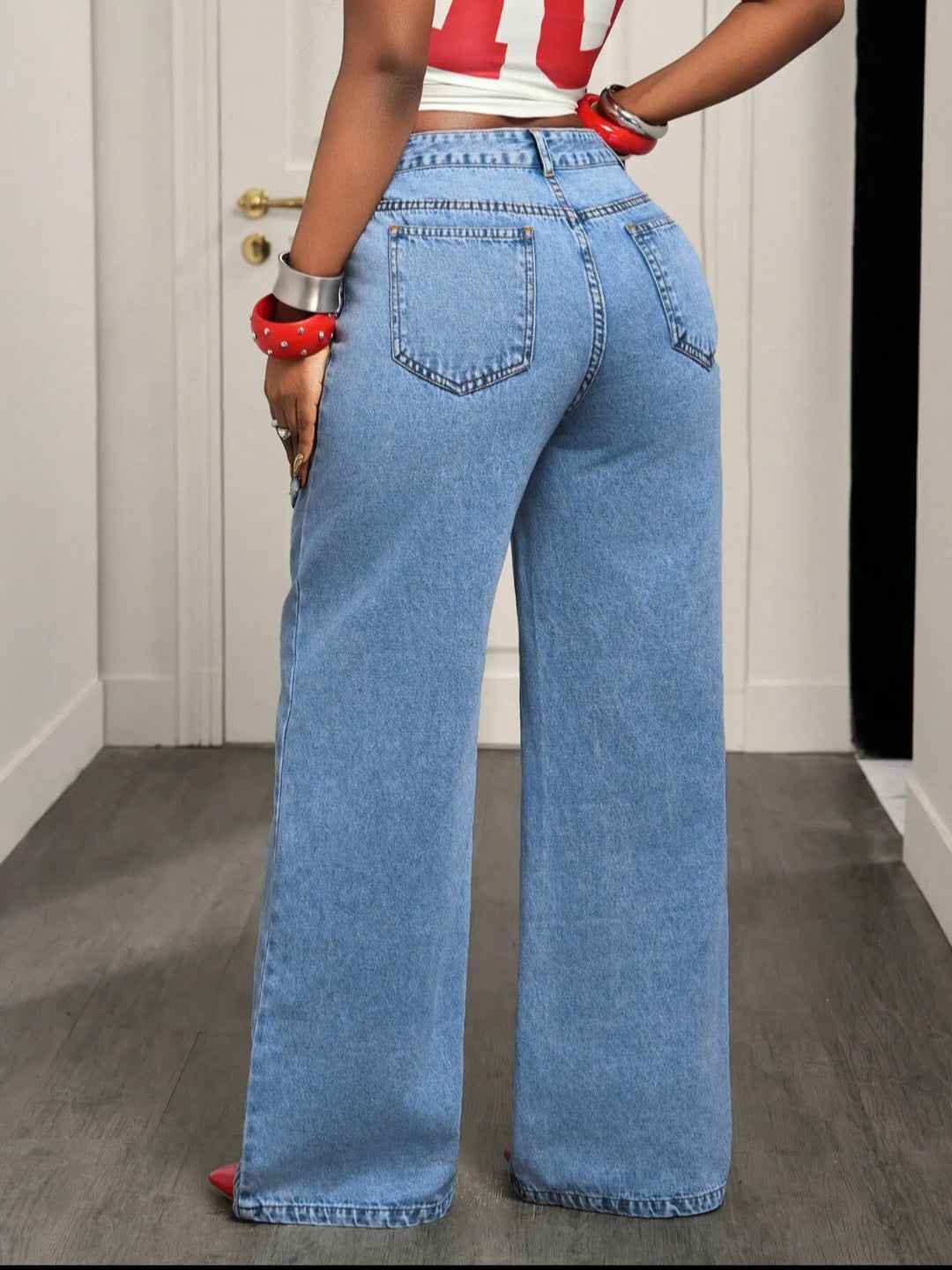 Asymmetrical Fold-Over Waist Wide-Leg Jeans