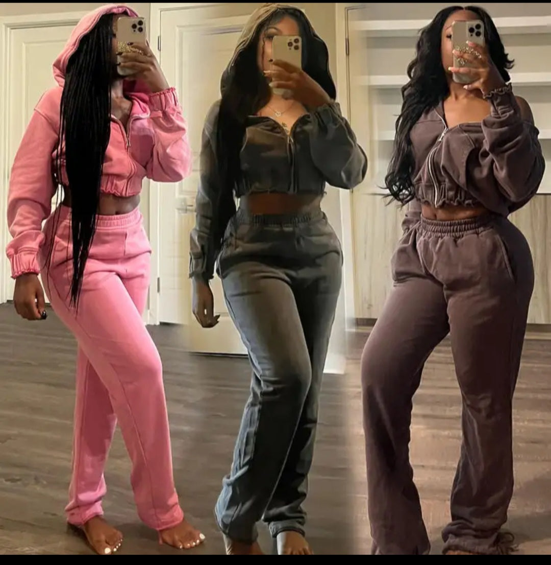 Vintage Acid Wash Two-Piece Set – Cropped Zip Hoodie & Flare Pants