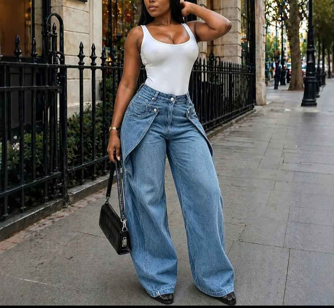 Asymmetrical Draped-Waist Wide-Leg Jeans