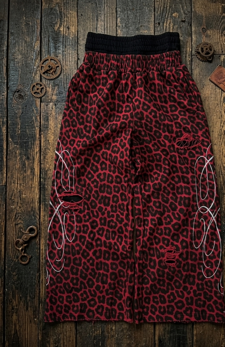 Y2K Leopard Print Wide Leg Sweatpants – Embroidered Scribble Detail