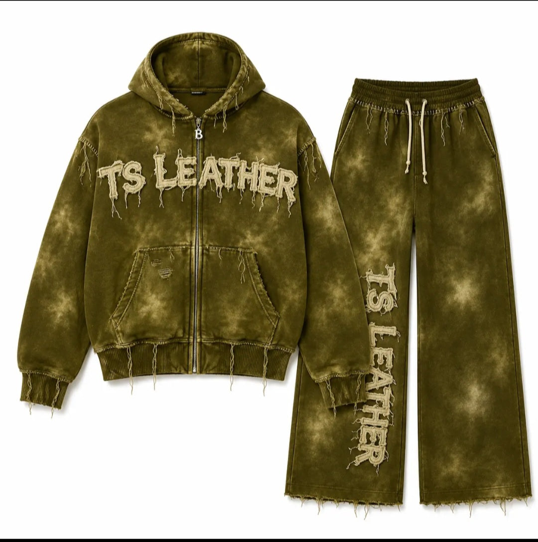 Vintage Acid-Wash Distressed Zip Hoodie and Wide-Leg Sweatpants Set