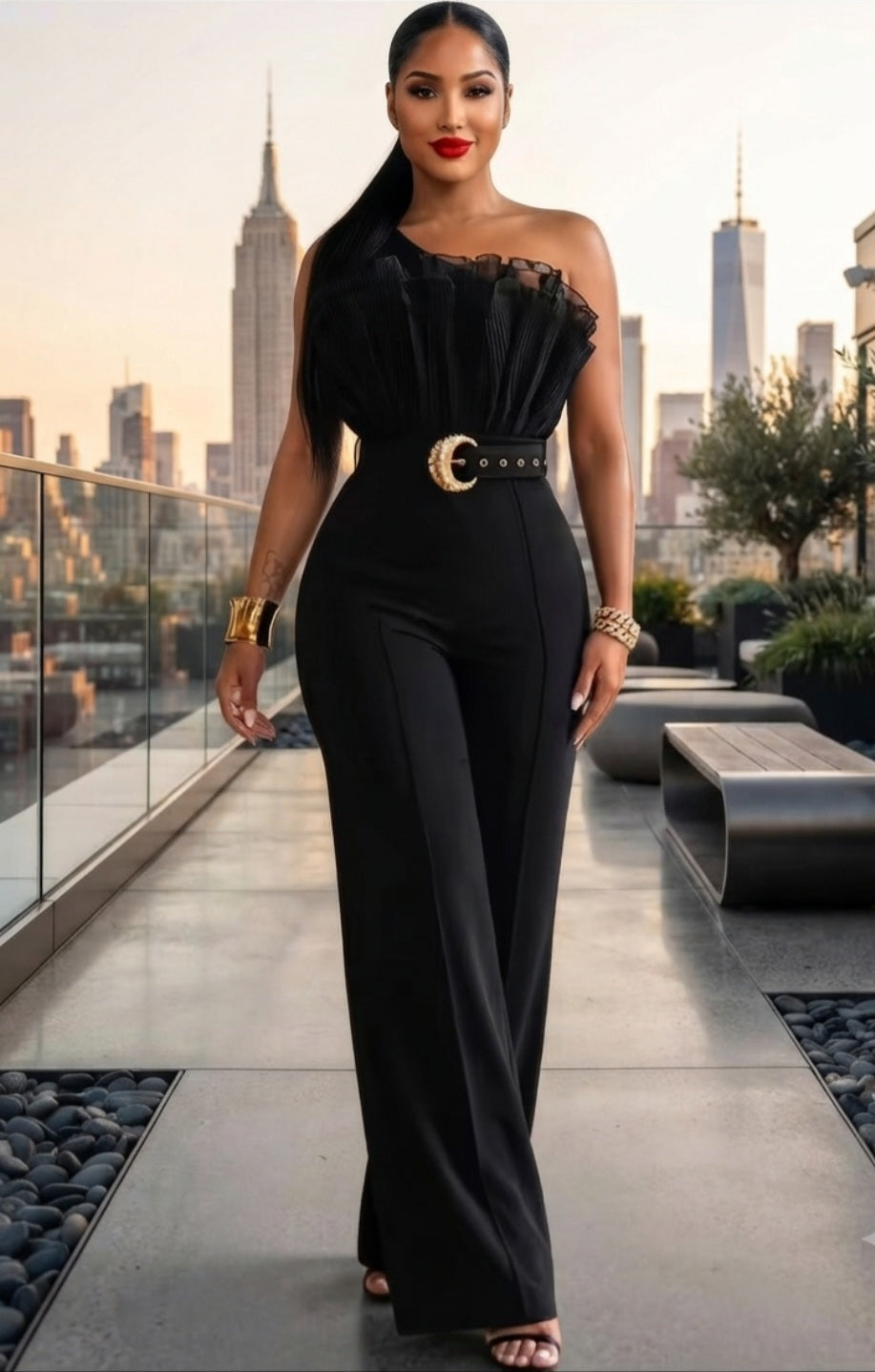 Women's One-Shoulder Ruffled Wide-Leg Jumpsuit