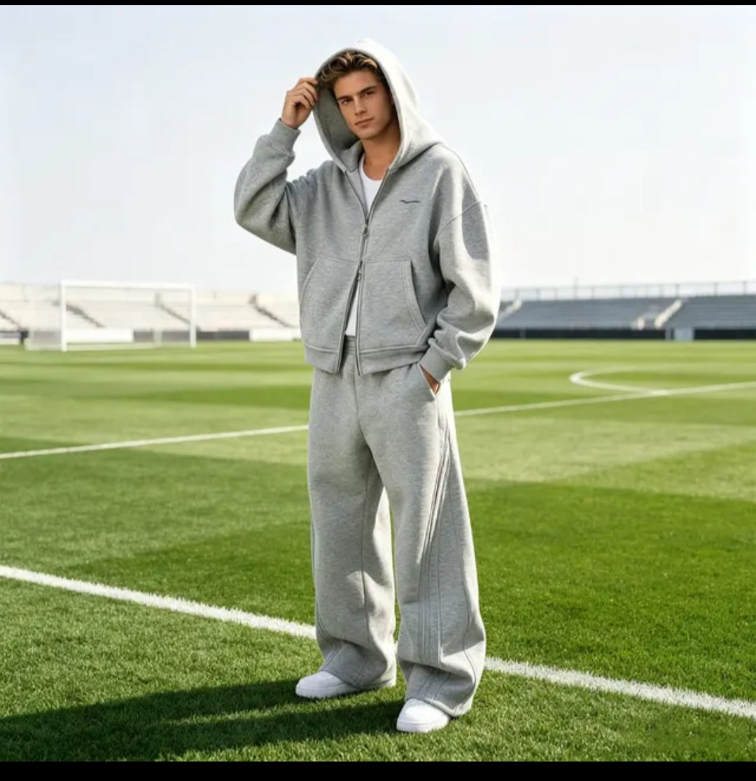 Men's Double Zip Hoodie and Jogger Set, Oversized Baggy Wide Leg