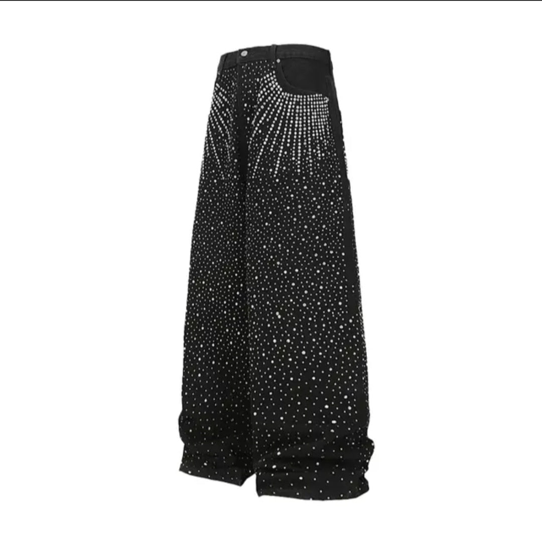 Rhinestone Studded Baggy Wide-Leg Denim Jeans