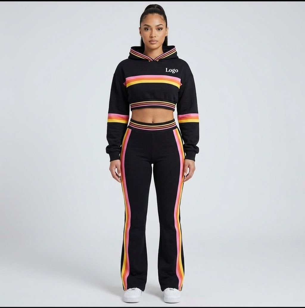 Striped Colorblock Cropped Hoodie & Flare Sweatpants Set
