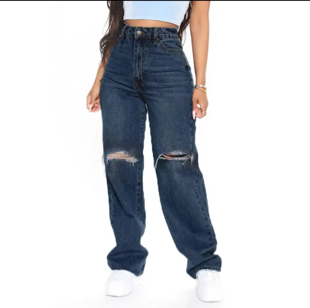 Denim OEM Women Ripped Jeans High Waist Wide Leg Straight Vintage Wash Woven Stretch
