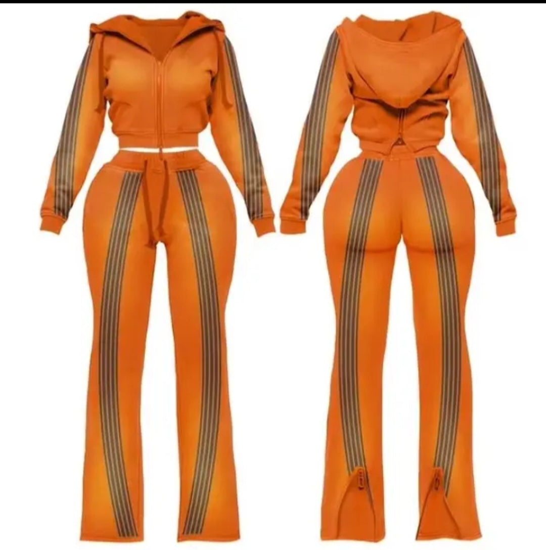 Women's Cropped Zip Hoodie and Flared Jogger Loungewear Set, Side Stripe