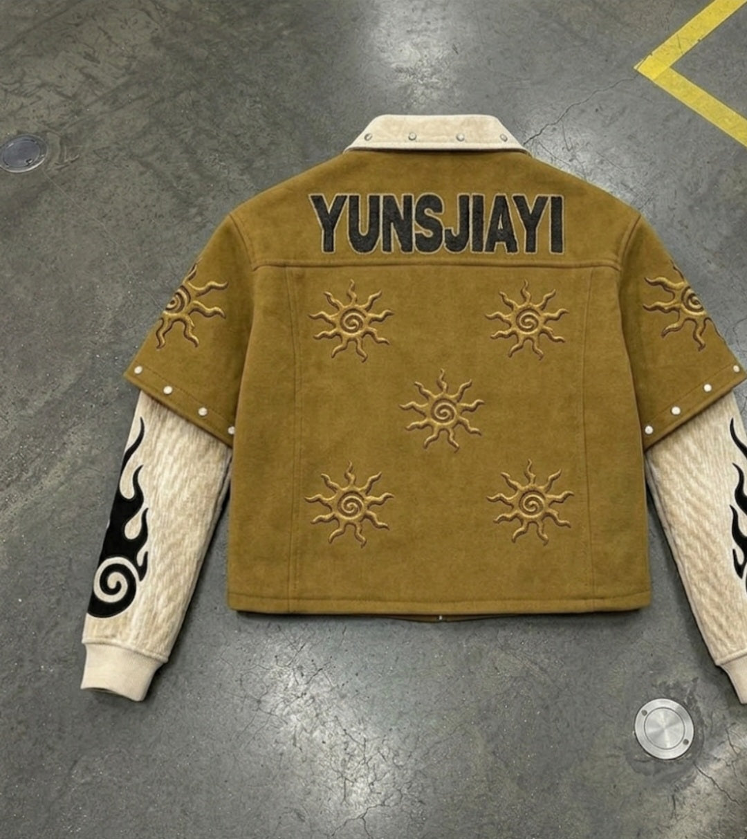 Sun Embroidered Suede Panel Cropped Jacket with Flame Corduroy Sleeves