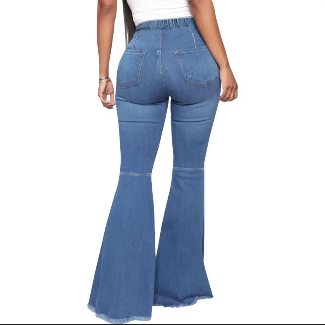Women Flare Wide Leg Jeans Mid Waist Stretch Spandex Enzyme Wash Color Fade Proof Eco-Friendly