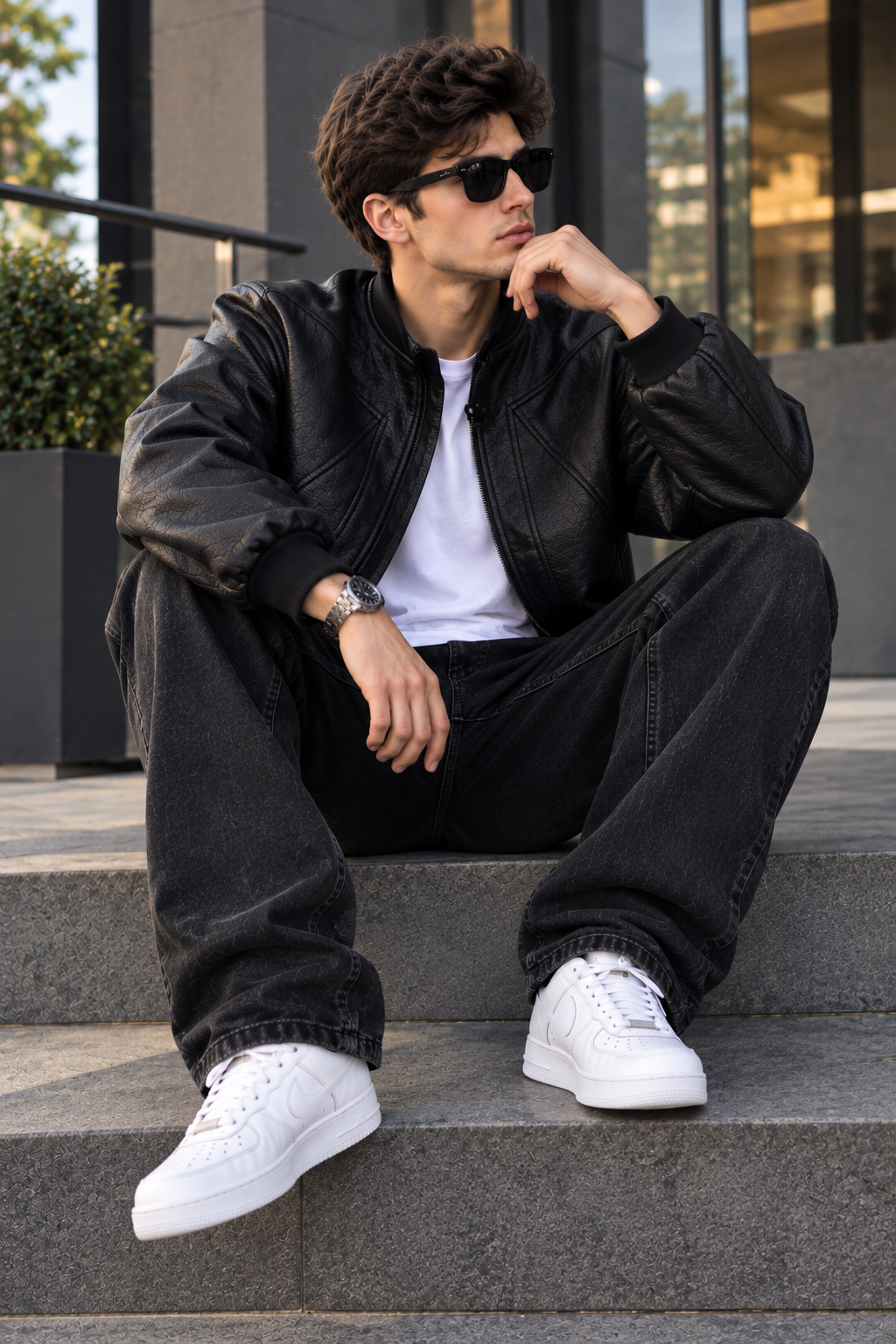 Men's Faux Leather Panelled Bomber Jacket – Black PU Stand Collar
