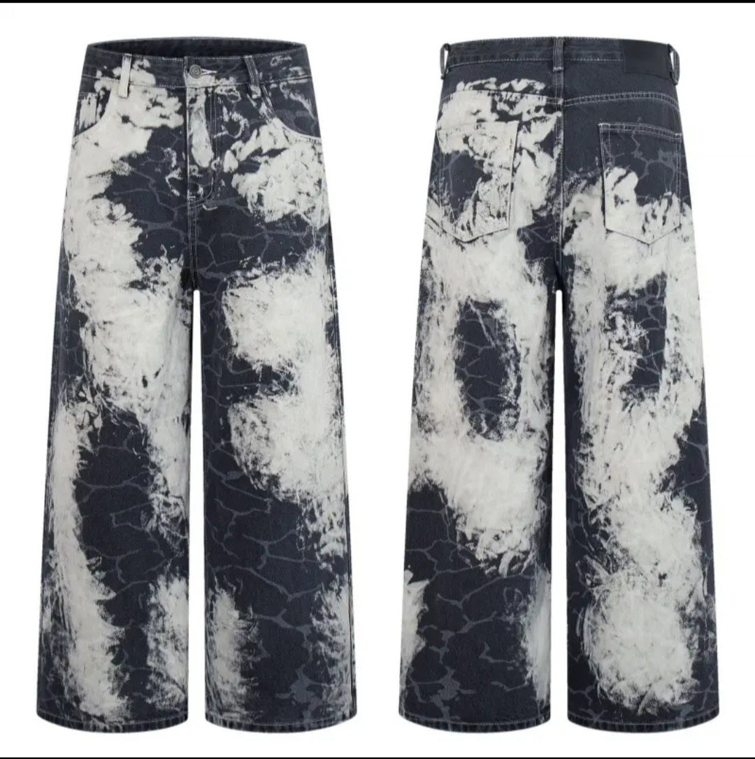 Men's Acid Cloud-Wash Baggy Wide-Leg Jeans / Jeans Baggy Uomo Gamba Larga Lavaggio Nuvola