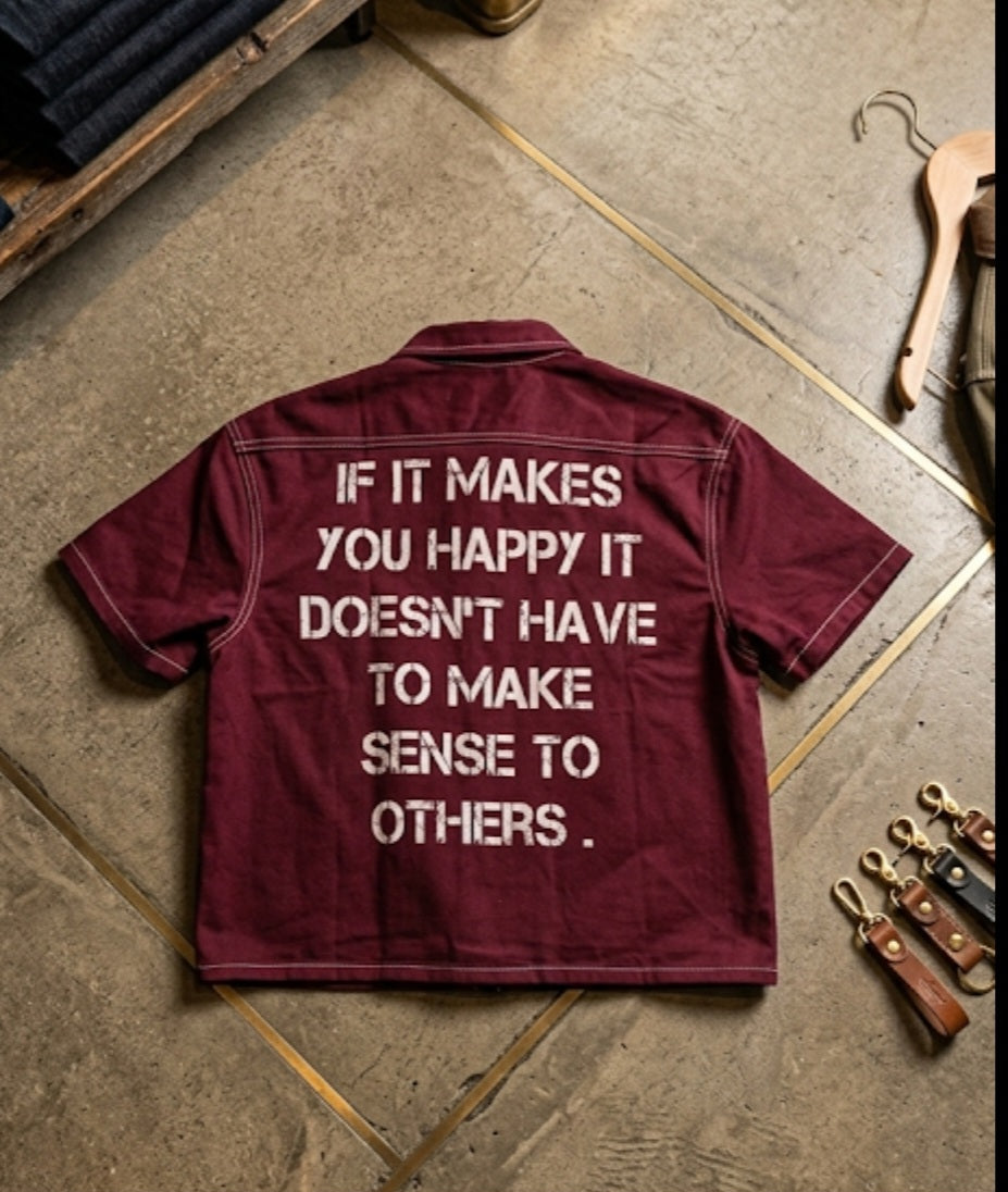 "If It Makes You Happy" Slogan Print Distressed Button-Up Shirt