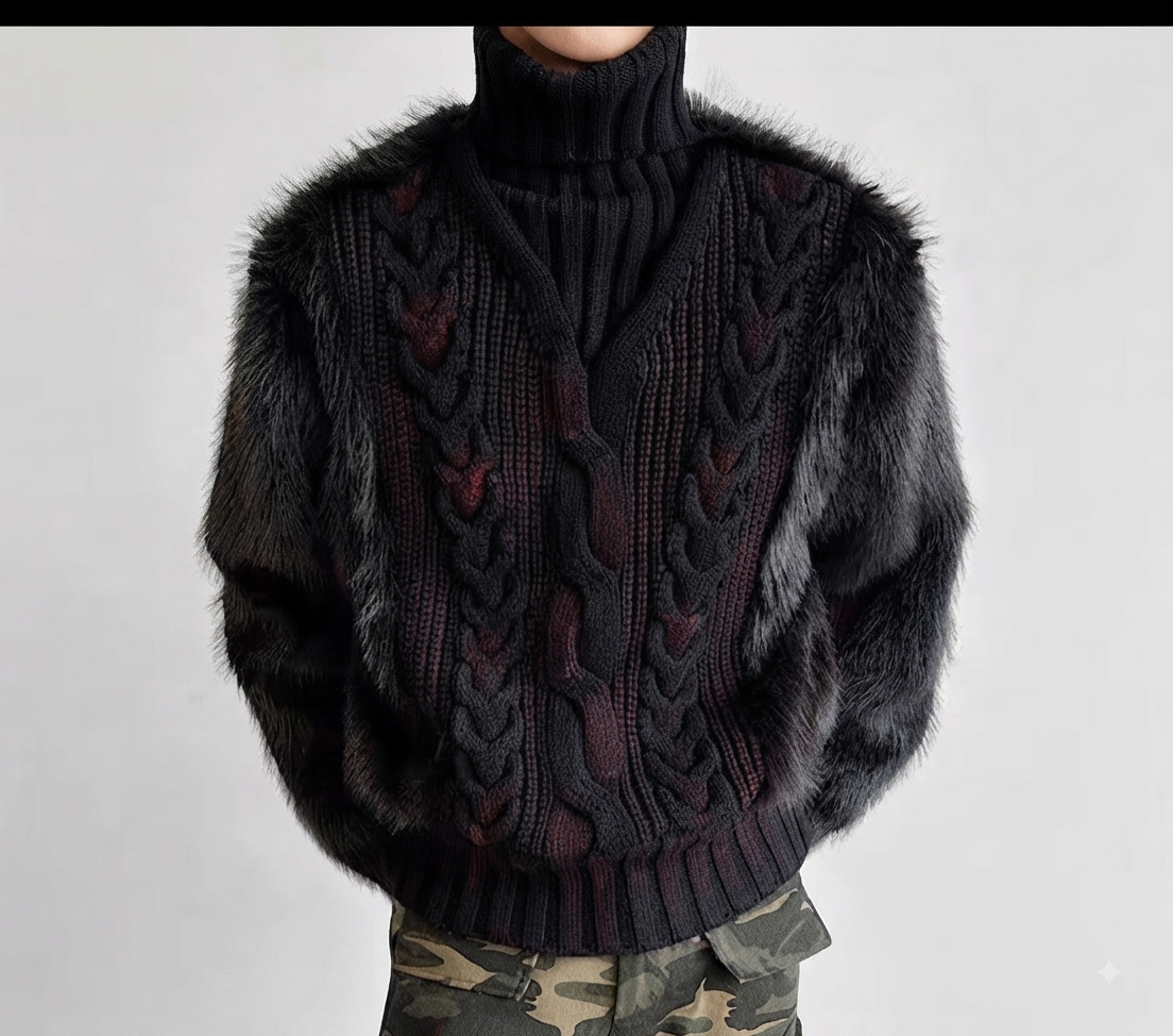 Oversized Faux Fur Cable-Knit Turtleneck Sweater