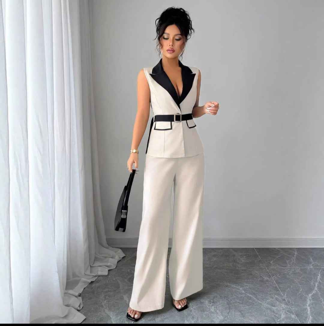 Sleeveless Colorblock Blazer Vest & Wide-Leg Trousers Set