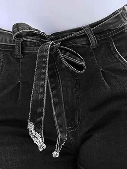 Belted Waist Tie Front Bow Knot Slim Fit Denim Shorts - Modernrush.us