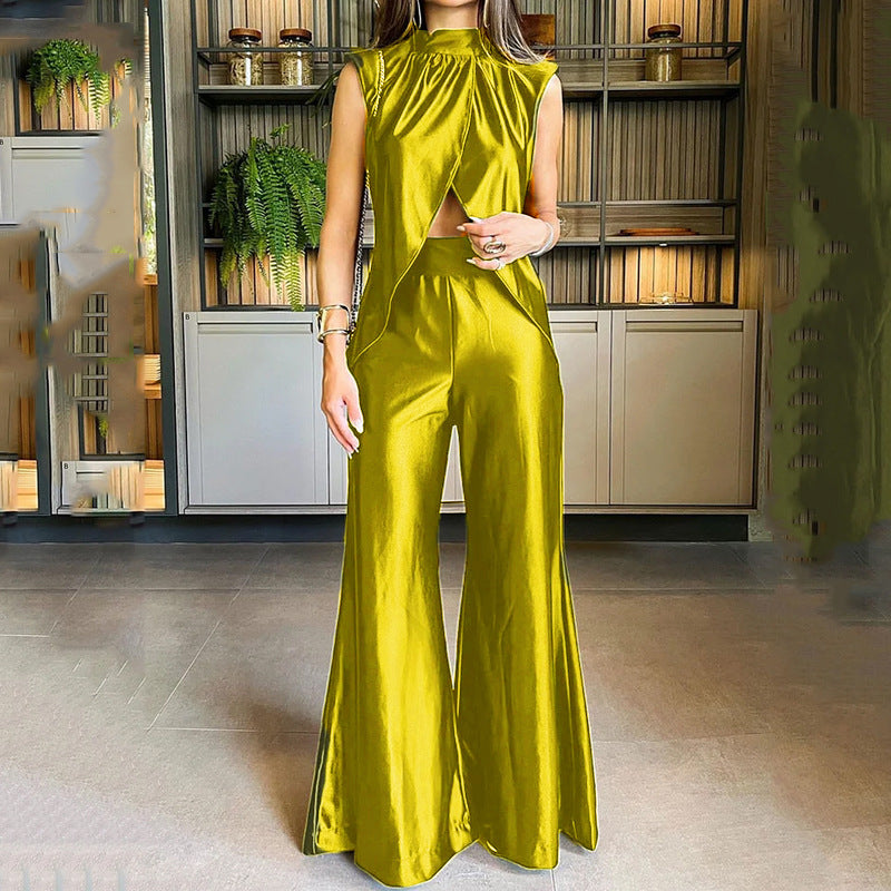 2023 Women's Fashion Set: Solid Color Top & Flare Pants