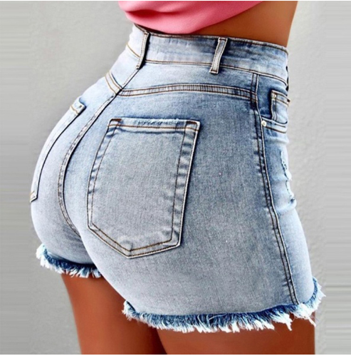 Summer New Single Button Fringe Denim Shorts
