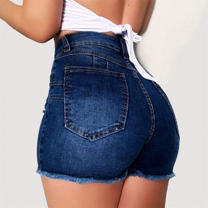 Elastic Slim Fit Ripped Fringe Denim Shorts for Women - Modernrush.us