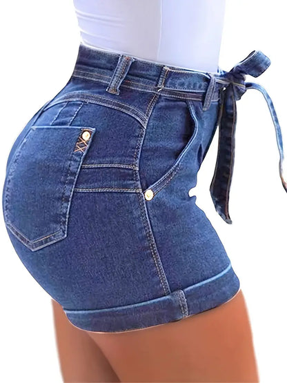 Belted Waist Tie Front Bow Knot Slim Fit Denim Shorts - Modernrush.us