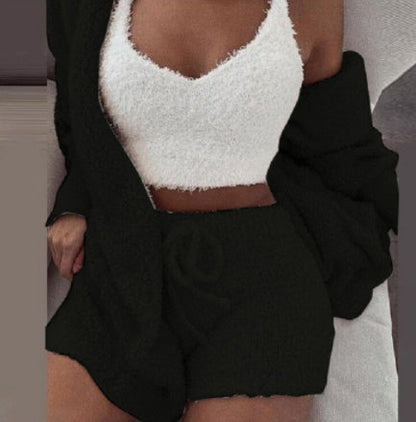 3pcs Womens Clothing Long Sleeve Crop Tank Top And Drawstring Shorts Pajama Set - Modernrush.us