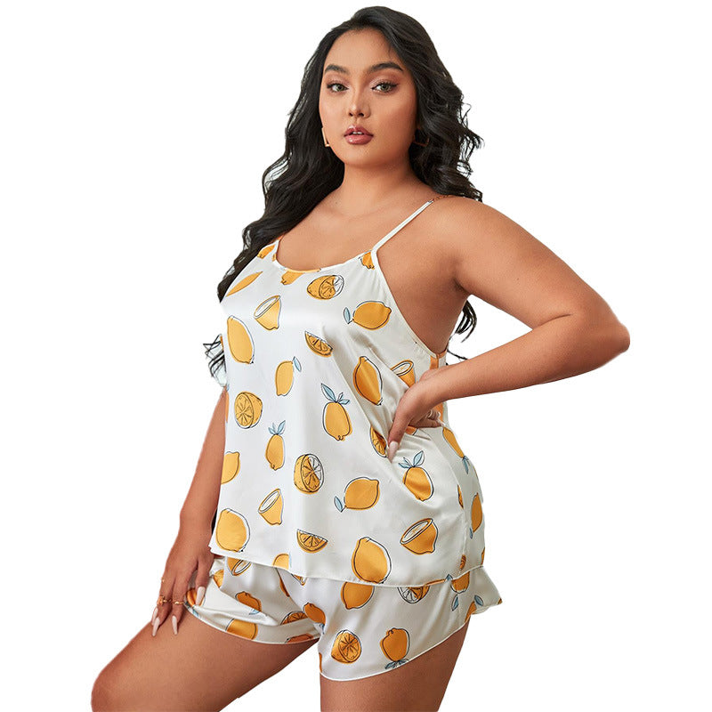 Plus Size Satin Fruit Print Cami Top and Shorts Set
