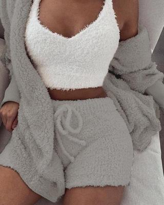 3pcs Womens Clothing Long Sleeve Crop Tank Top And Drawstring Shorts Pajama Set - Modernrush.us