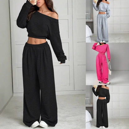 Casual 2-piece Set One-shoulder Long-sleeved Sweatshirt Women's Suit Autumn New Fashion Elastic Waist Tie Loose Sports Trousers - Modernrush.us