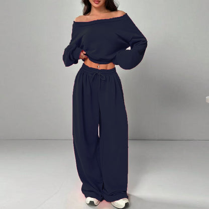 Casual 2-piece Set One-shoulder Long-sleeved Sweatshirt Women's Suit Autumn New Fashion Elastic Waist Tie Loose Sports Trousers - Modernrush.us