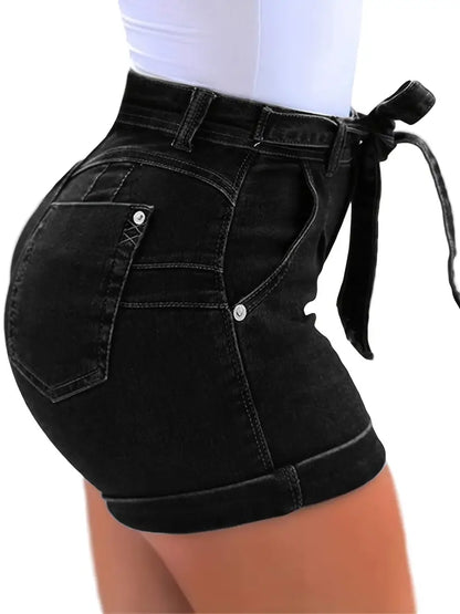 Belted Waist Tie Front Bow Knot Slim Fit Denim Shorts - Modernrush.us