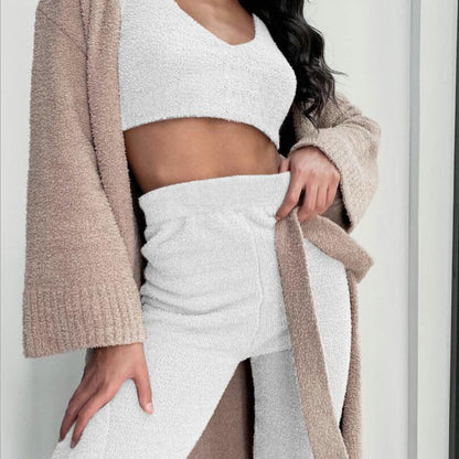 3pcs Womens Clothing Long Sleeve Crop Tank Top And Drawstring Shorts Pajama Set - Modernrush.us