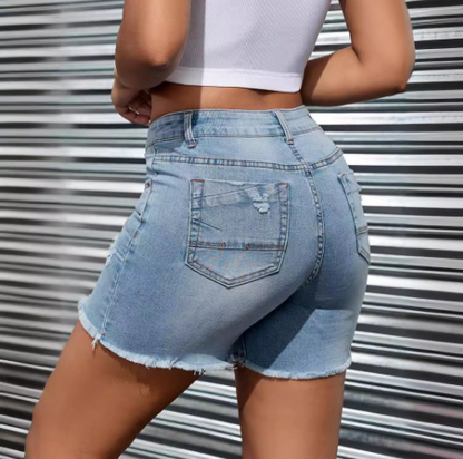 Women's High Waist Denim Shorts with Ripped Pockets - Modernrush.us