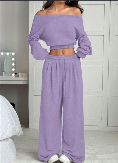 Casual 2-piece Set One-shoulder Long-sleeved Sweatshirt Women's Suit Autumn New Fashion Elastic Waist Tie Loose Sports Trousers - Modernrush.us