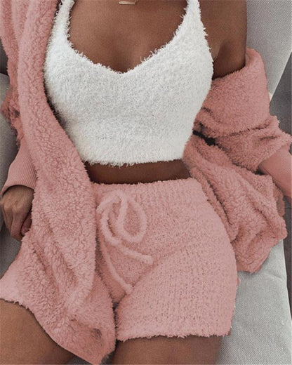 3pcs Womens Clothing Long Sleeve Crop Tank Top And Drawstring Shorts Pajama Set - Modernrush.us