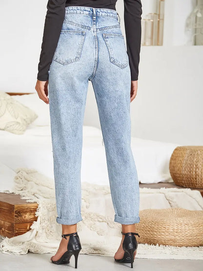 Light Blue Ripped Mom Jeans - High Waist Distressed Denim - Modernrush.us