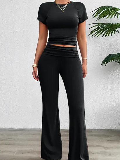 Solid Color Slim Fit Short Sleeve Trousers Suit
