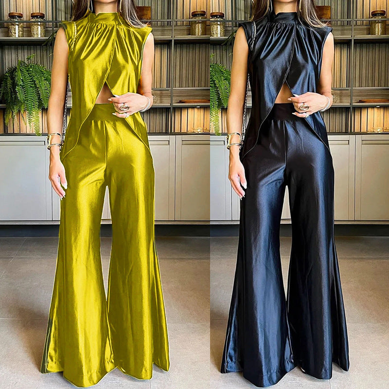 2023 Women's Fashion Set: Solid Color Top & Flare Pants