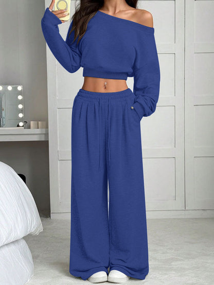 Casual 2-piece Set One-shoulder Long-sleeved Sweatshirt Women's Suit Autumn New Fashion Elastic Waist Tie Loose Sports Trousers - Modernrush.us