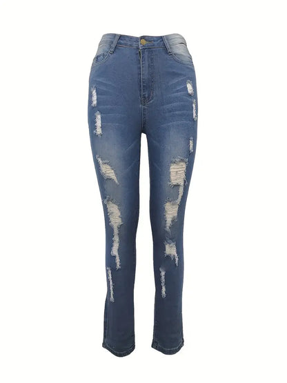 High Rise Ripped Curvy Skinny Jeans with Water Ripple - Modernrush.us