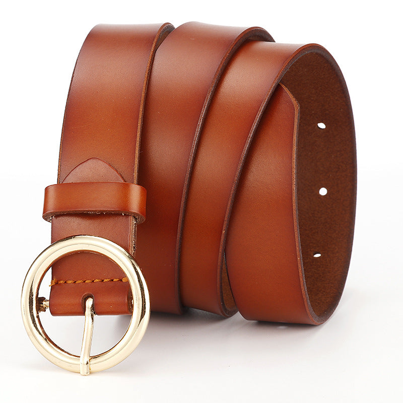 Women's Wide Leather Belt with Round Buckle for Jeans