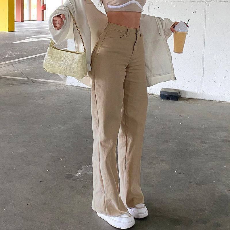 High Waist Wide Leg Denim Jeans with Slash Pockets