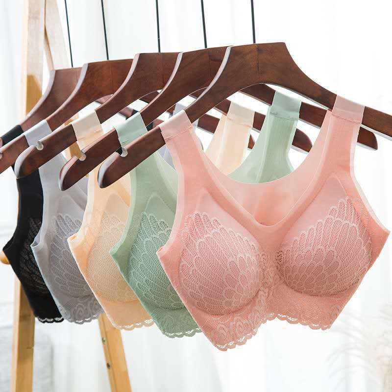 Plus Size Elegant Bra with Feather Embroidery & Lace Trim