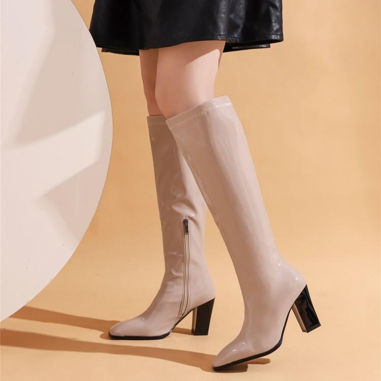 Patent Leather Chunky Heel High Boots