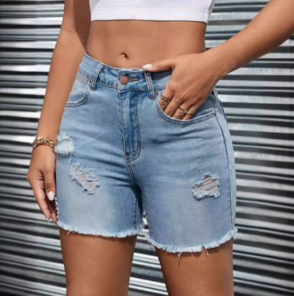 Women's High Waist Denim Shorts with Ripped Pockets - Modernrush.us